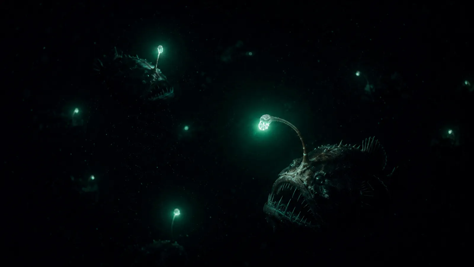 Anglerfish lures glowing in the deep.
