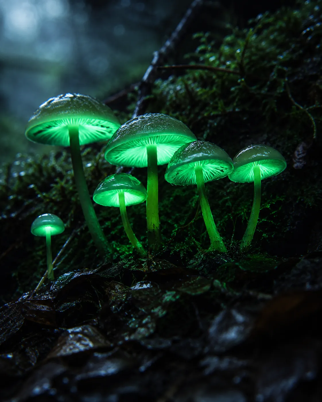Bioluminescent fungi lit from within.