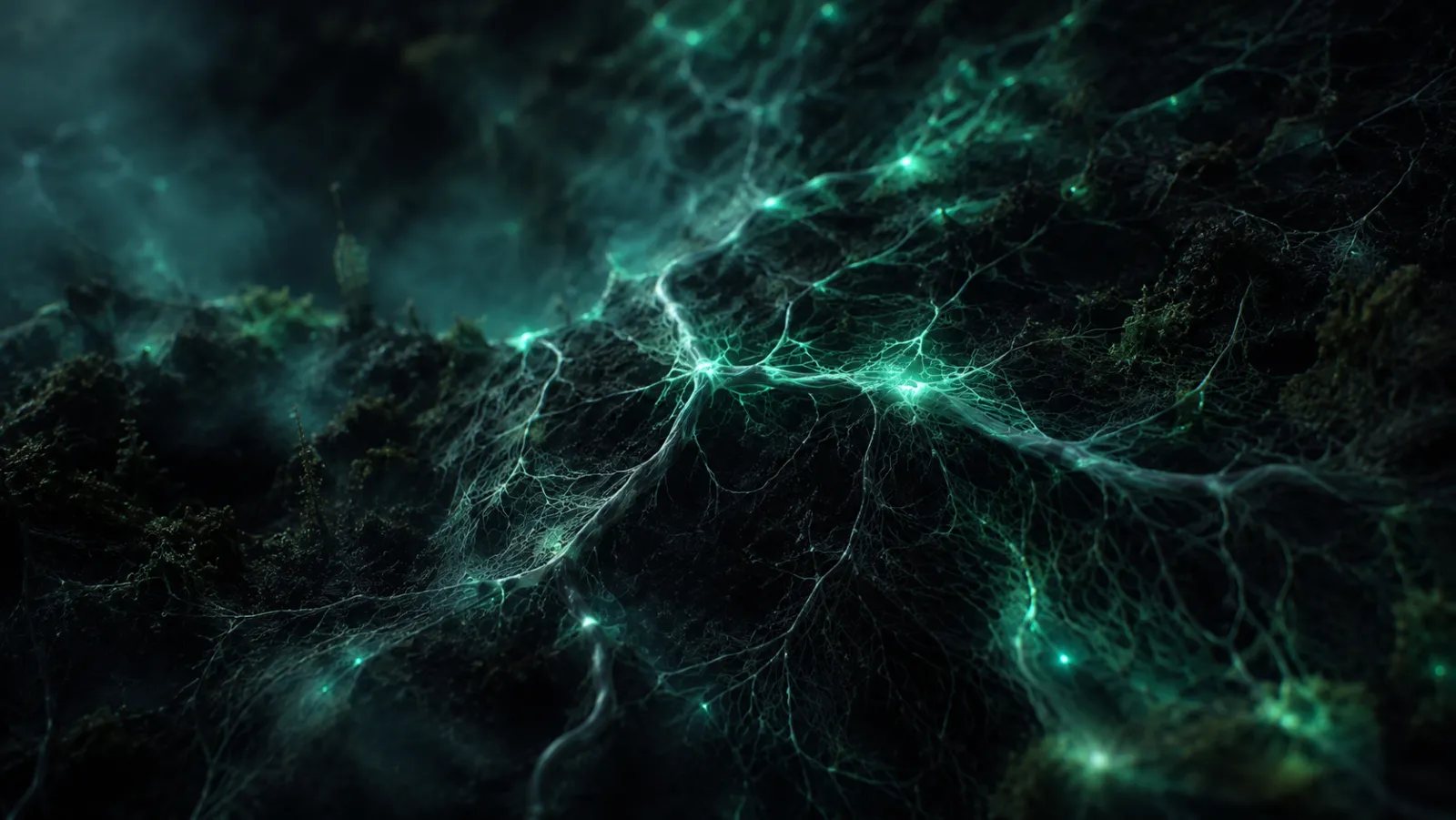A mycelium network lit at its nodes.