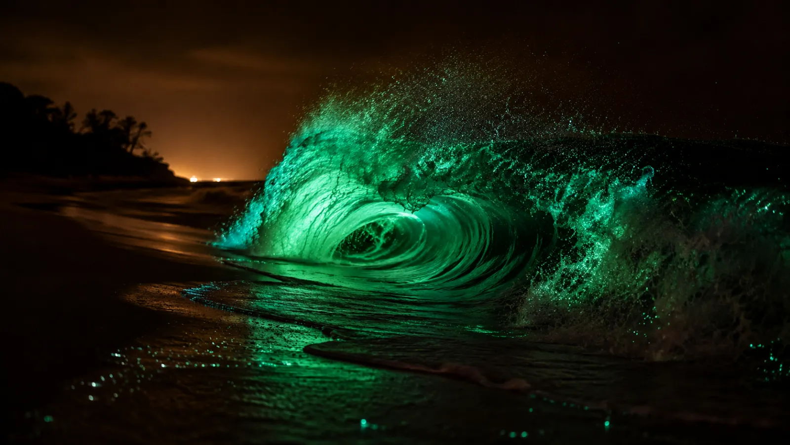 A night wave lit by bioluminescent plankton.