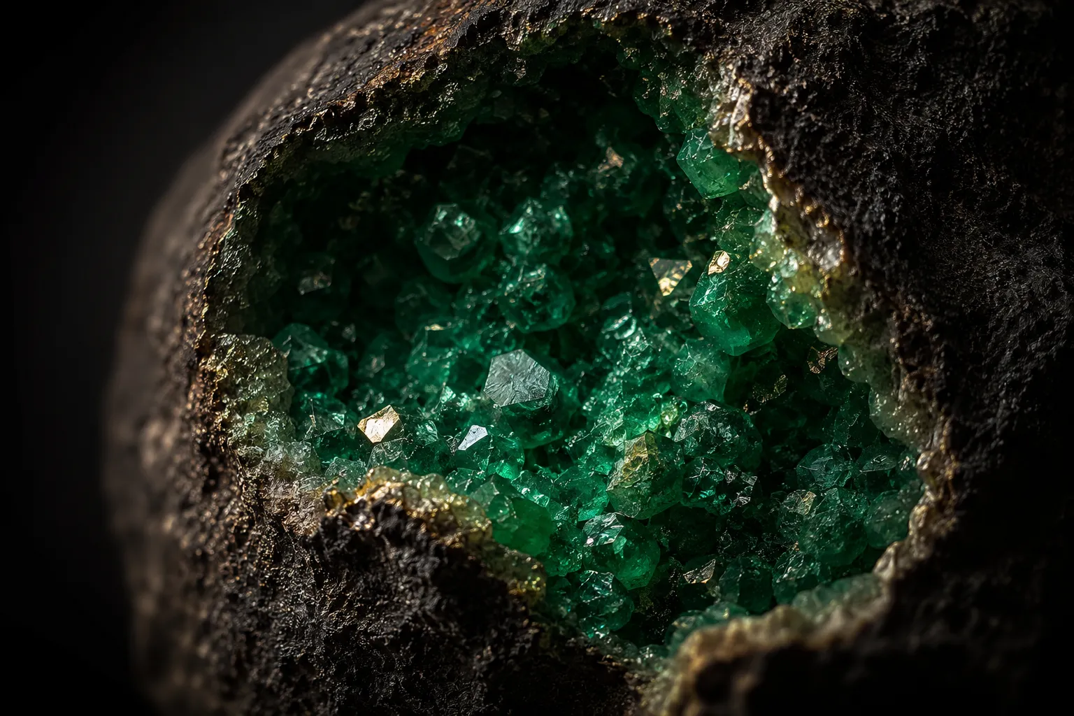 A geode interior, emerald crystals in dark rock.