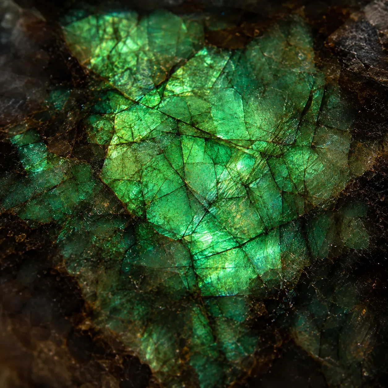 Labradorite, emerald fire in dark stone.