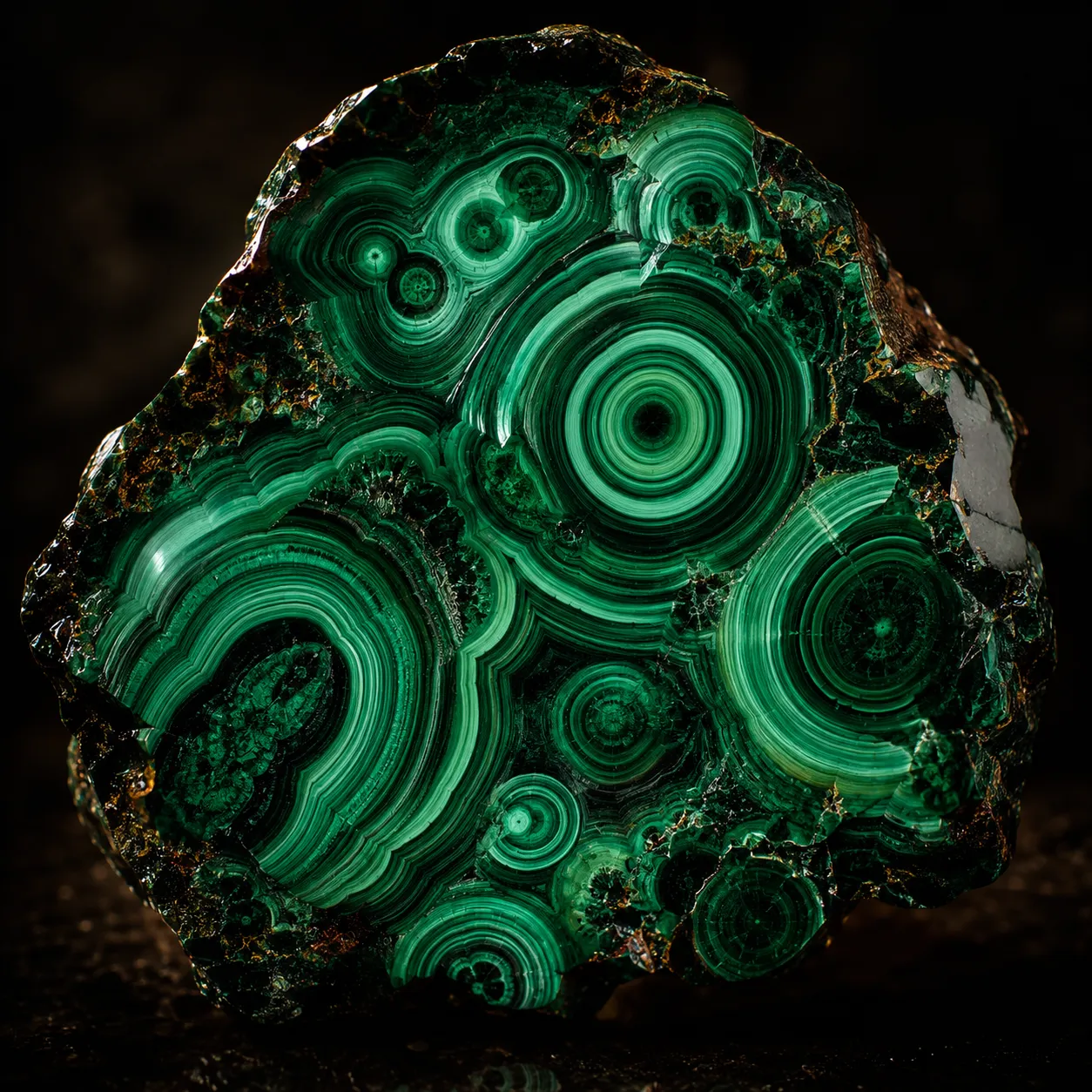 Malachite, banded emerald in dark stone.