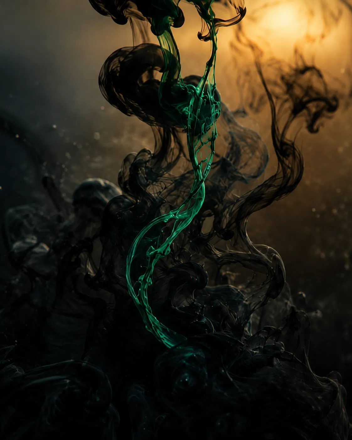 Emerald ink rising through warm dark.