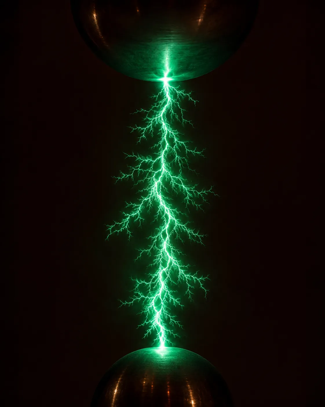 An electric plasma arc between two spheres.