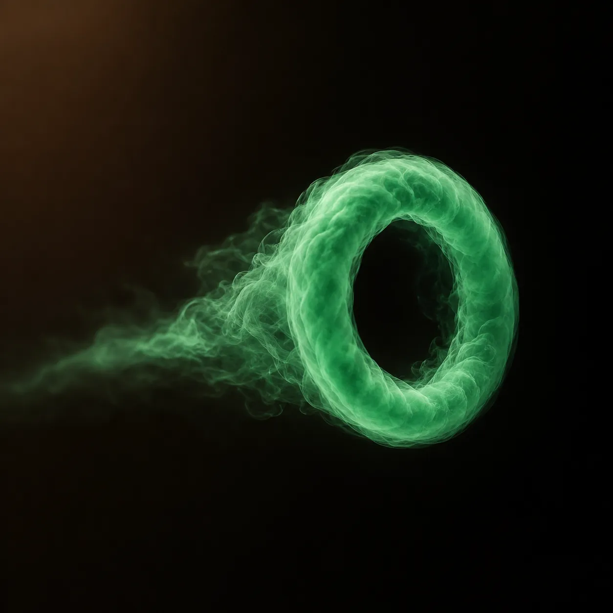 An emerald smoke ring crossing the void.