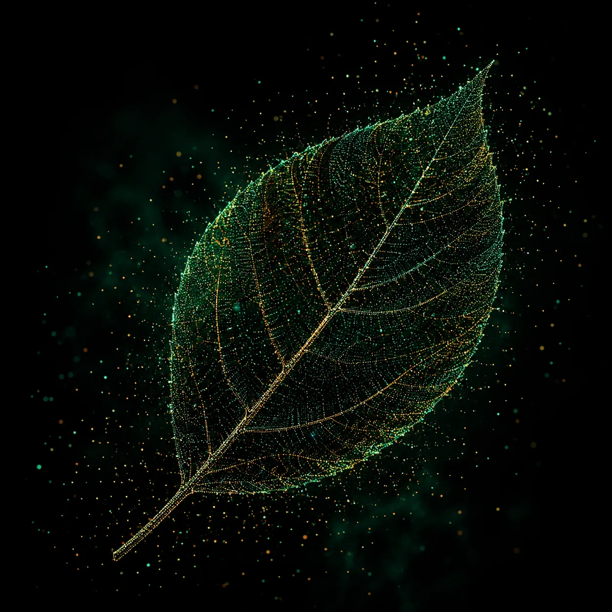 A leaf drawn as a particle point-cloud.