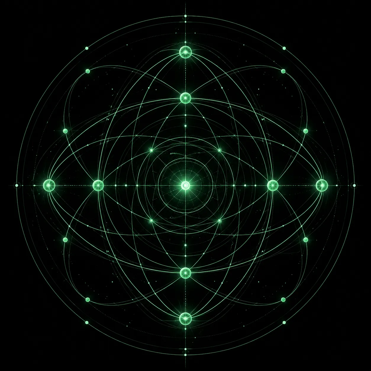 Orbital ellipses traced in emerald.