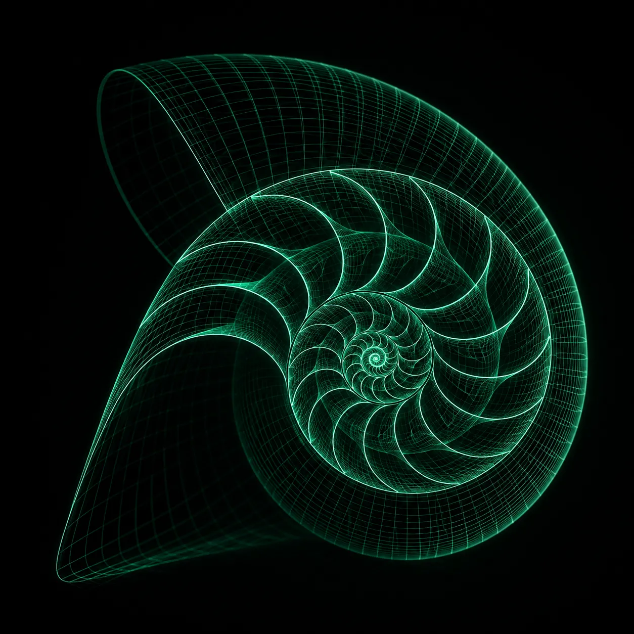 A nautilus spiral as a glowing wireframe.