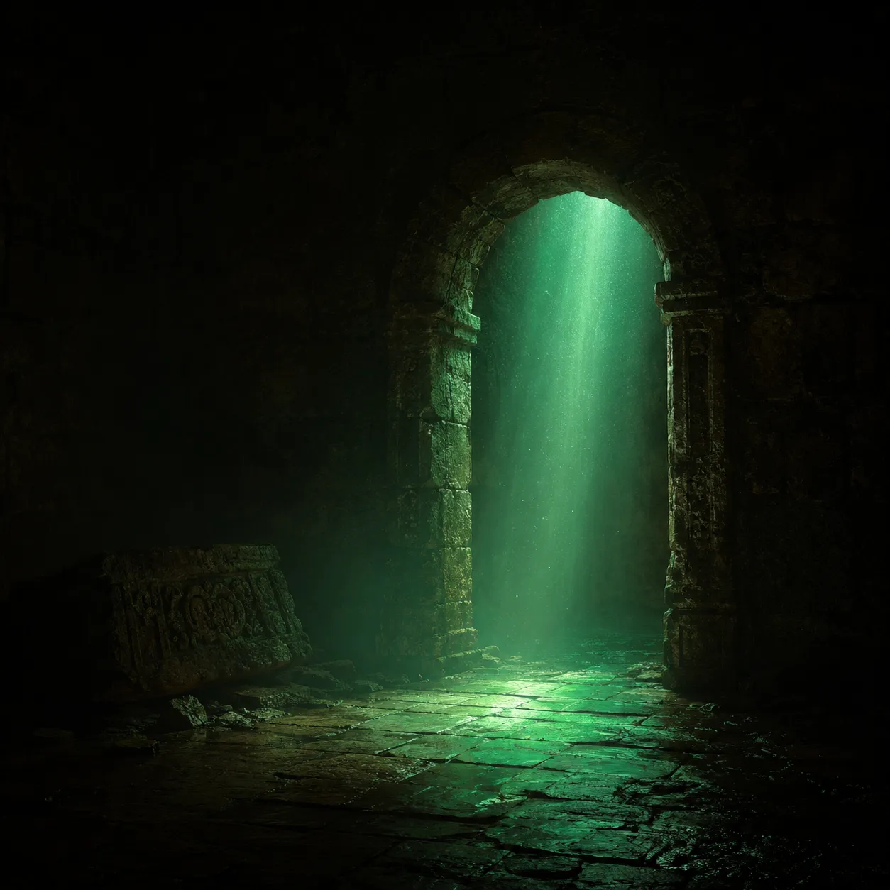 A shaft of light through an ancient archway.