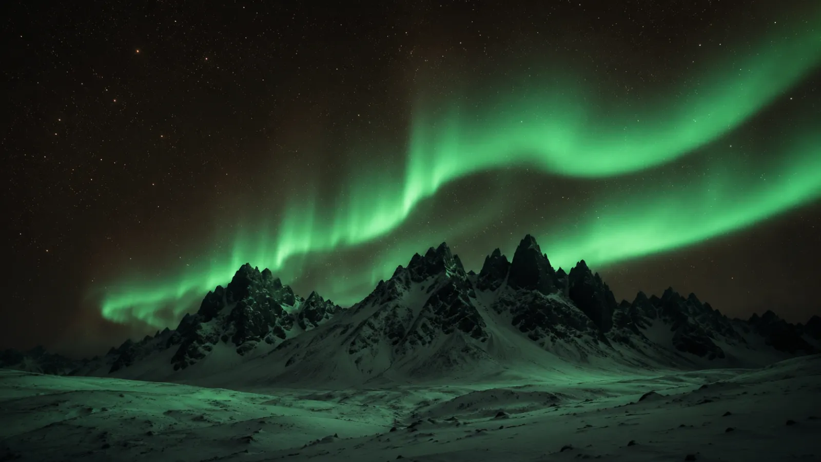 An emerald aurora over a dark ridge.