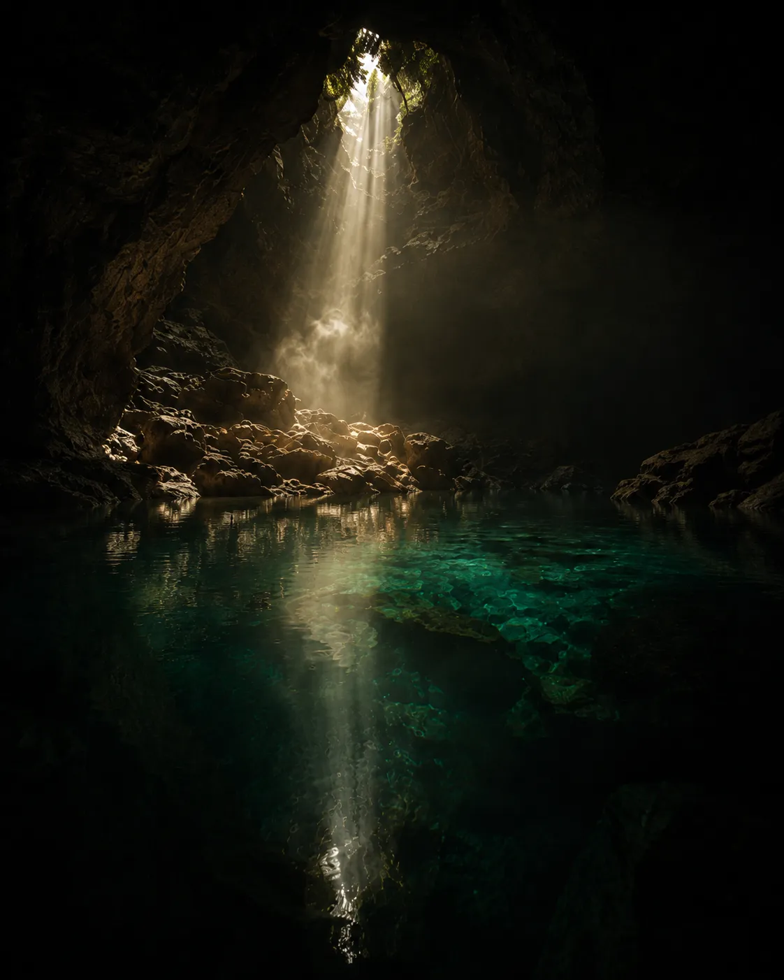 A shaft of light over a still cave pool.