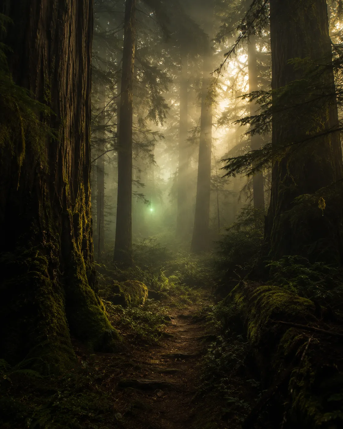 God-rays through fog in an old forest.