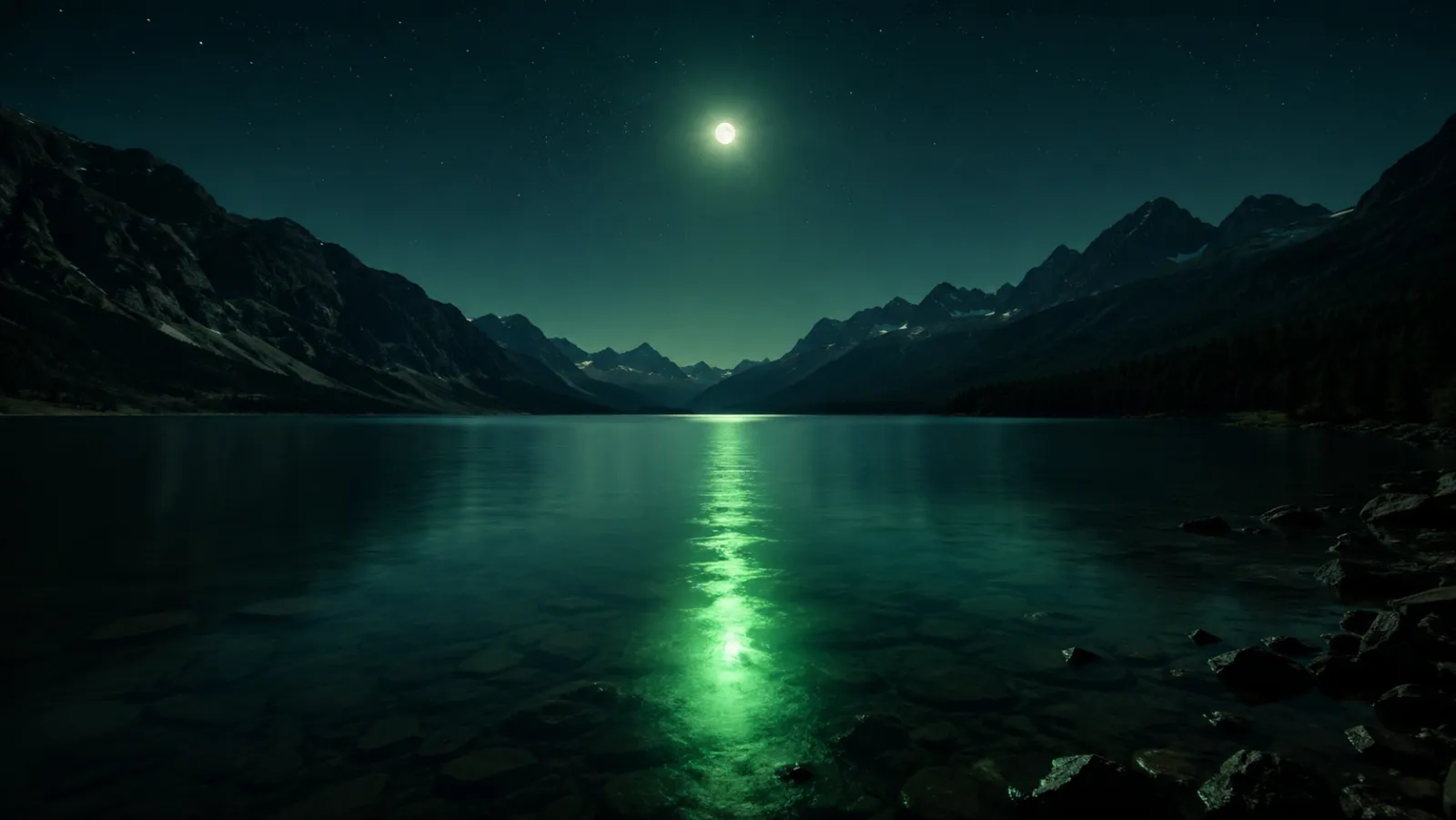 Moonlight reflecting on a still mountain lake.