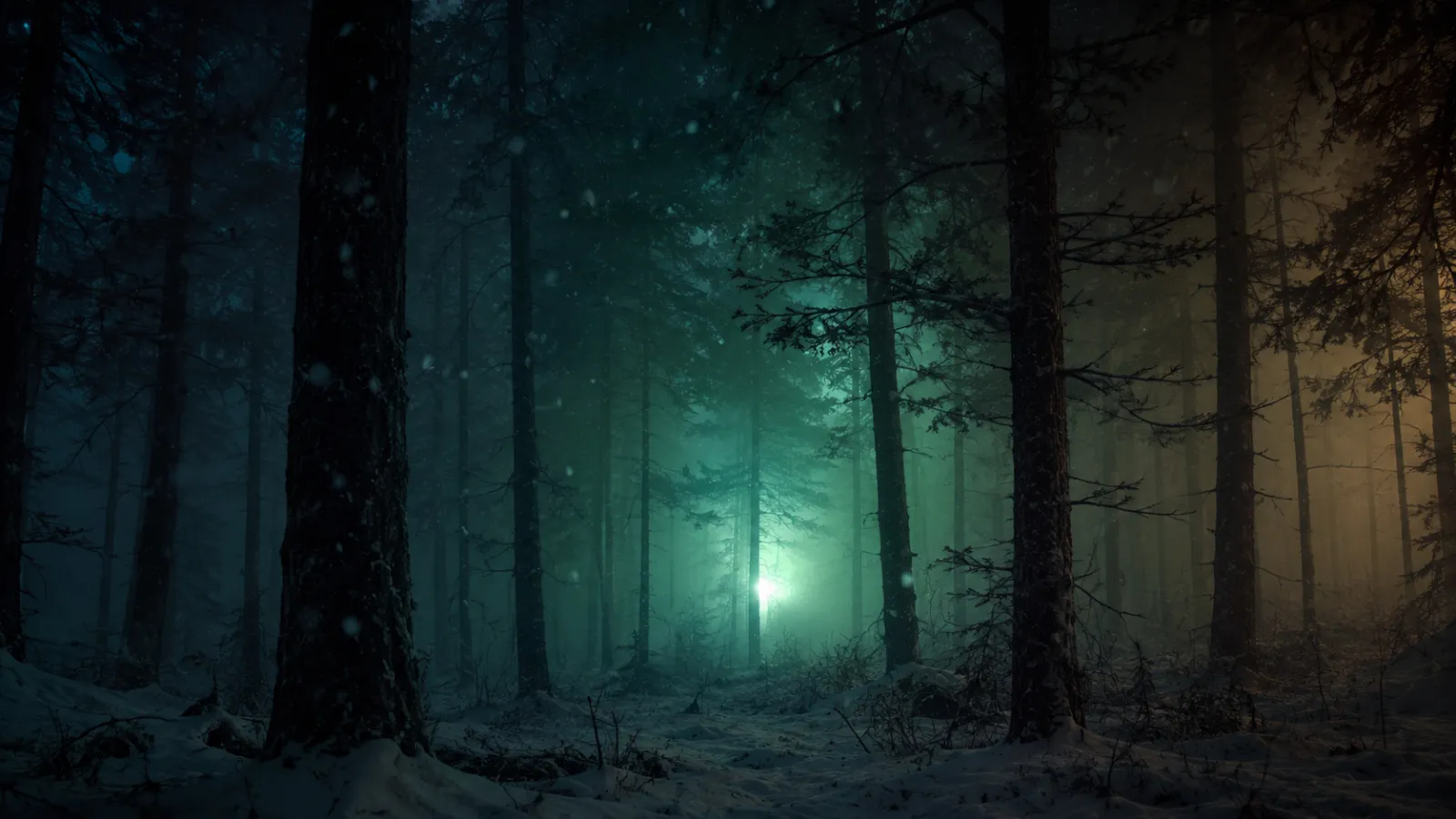 An emerald light deep in a snowy forest.